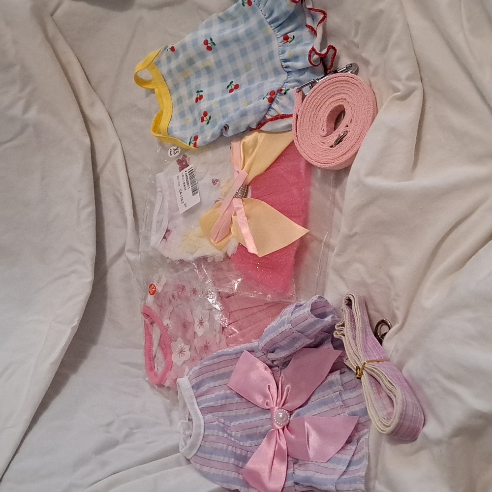 4 xs dog dresses, plus 2 matched leashes